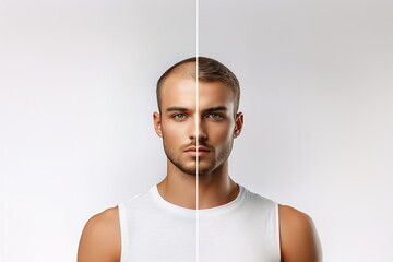 Man displaying hair transformation with side-by-side comparison in a neutral setting showcasing confidence and personal grooming
