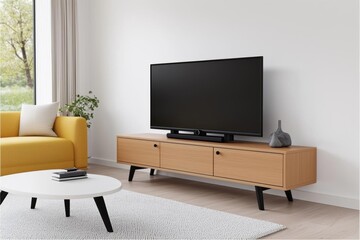 minimal photostock of a  TV cabinet and storage space in a living room with a white wall. Generative AI , isolated on white background,  , copy space, copy space for text,