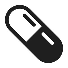 A black and white capsule pill icon representing medicine pharmaceutical drugs or supplements.