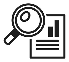 A black and white icon of a magnifying glass over a document representing medical research analysis or diagnostics.