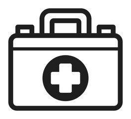 Obraz premium A black and white first aid kit icon representing emergency medical supplies and healthcare assistance.