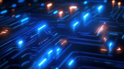 Obraz premium A close-up view of a futuristic circuit board featuring glowing blue and orange lights, representing advanced technology and innovation in electronic design and digital connectivit
