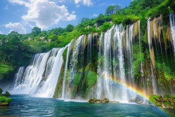 Waterfalls cascade into a tranquil pool surrounded by lush greenery and a vibrant rainbow under a clear blue sky in a natural paradise