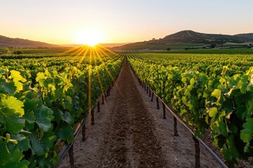 Obraz premium A breathtaking view of a vineyard bathed in golden sunrise light, showcasing rows of vibrant grapevines stretching out towards the tranquil hills in the background.