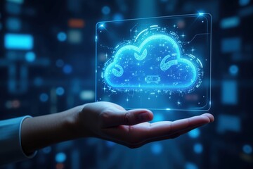 A High-Tech Hand Holding a Digital Cloud Icon Illuminated in Blue, Representing Cybersecurity and Cloud Computing Innovations in a Futuristic Environment