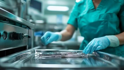 Nurse carefully placing surgical instruments into sterilization tray