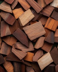 Fototapeta premium High-resolution close-up of redwood chips on a dark forest green surface, with the chips in varying shades of light and dark brown.