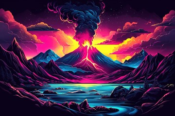 Volcano errupting and spitting out hot magma and smoke. Ai Generative