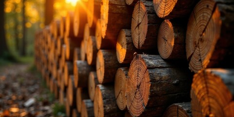 Golden Hour Lumber Stack  A Serene View of Nature's Woodpile at Sunset
