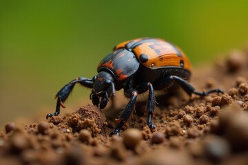 Naklejka premium Dung beetle meticulously maneuvering dung ball uphill, wild, sphere, wildlife