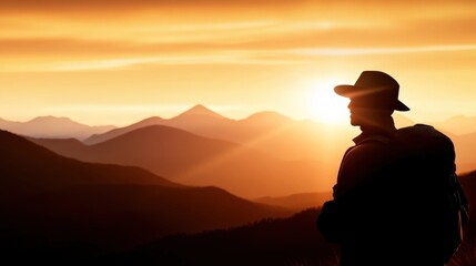 A silhouetted hiker gazes at a stunning sunset over mountainous terrain, embodying adventure and the tranquility of nature