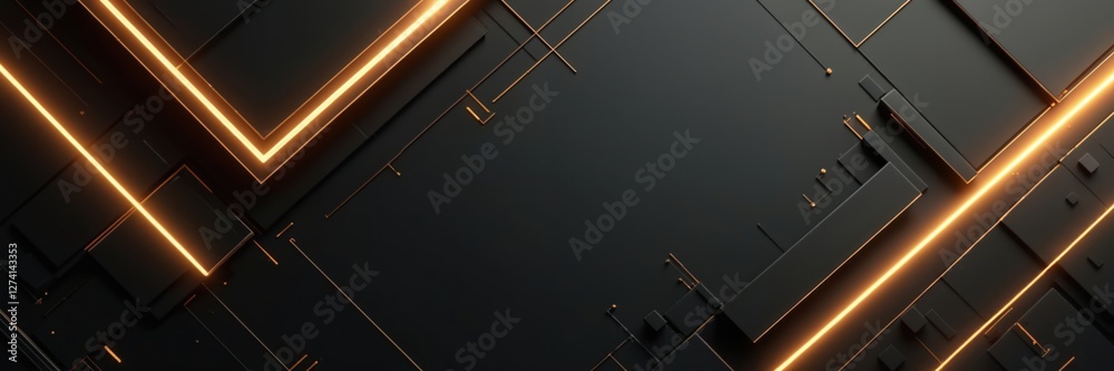Poster sleek black geometric backdrop with golden lines. modern tech elegant aesthetic. squares, rectangles