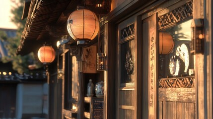 a traditional tea shop front in Inuyama City, with decorative wooden panels and hanging lanterns, giving a glimpse of the tranquil