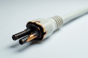 Close-up view of a damaged electrical cord plug showing signs of overheating and charring