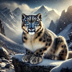 Obraz premium A close-up of a snow leopard in the Himalayas, its blue eyes staring into the camera.