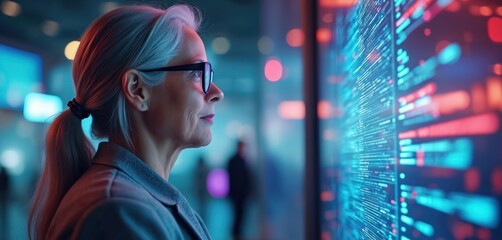 Elderly woman looks at virtual screen with AI data. Senior lady uses augmented reality, touching futuristic interface. Modern global communication tech, digital cyberspace concept, innovative