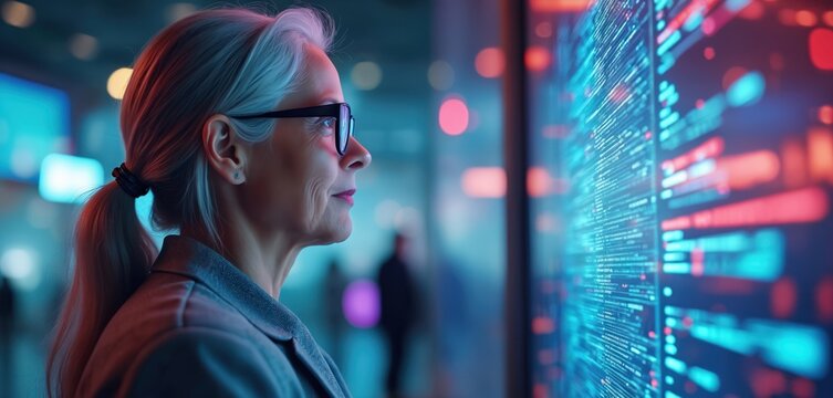 Elderly woman looks at virtual screen with AI data. Senior lady uses augmented reality, touching futuristic interface. Modern global communication tech, digital cyberspace concept, innovative