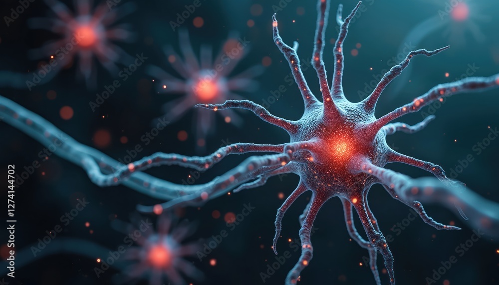 Poster Illustration of nerve cells sending electrical signals in brain for neural activities. Neuron cells communicate in network. Concept of neuroscience, neurology, human intelligence, memory, mental