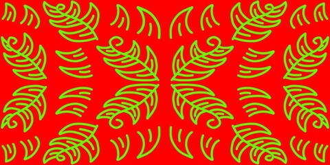 Abstract Green Leaf Pattern on Red Background
