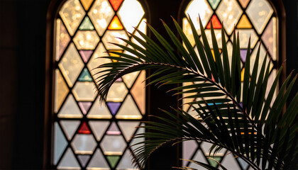 Fototapeta premium Stained glass window with palm leaves illuminated by sunlight for blogs, websites, interior design, spiritual themes, artistic projects, and nature-inspired graphic content