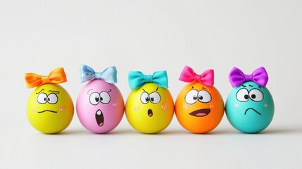 Expressive Easter Eggs with Bows. A row of brightly colored Easter eggs decorated with cartoon faces and various expressions, each topped with a satin ribbon bow