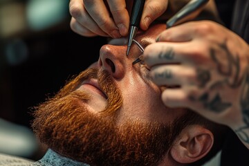 Expert barber enhances a clients eyebrows with precision tools in a stylish grooming session
