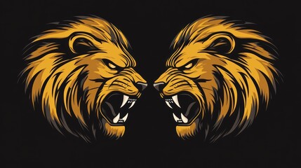 Two angry lion heads facing each other, graphic design, strong image, possible use for posters or apparel