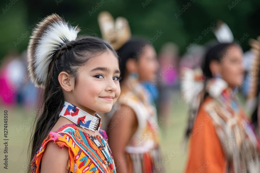 Wall mural A smiling girl dressed in a colorful Native American outfit, featuring intricate beadwork, representing joy, cultural pride, and the continuation of traditions within the community.