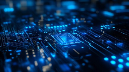 Futuristic blue circuit board with digital technology patterns and microchip details