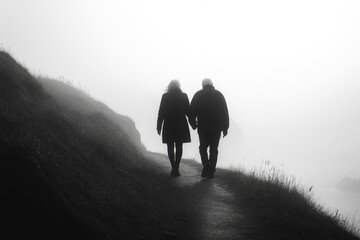 Elderly couple holding hands, walking on a foggy coastal path, showcasing love and companionship.