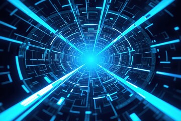 Obraz premium A Stunning Visual Representation of Futuristic Technology with Radiating Blue Light and Geometric Patterns in a Dynamic Cyber Environment
