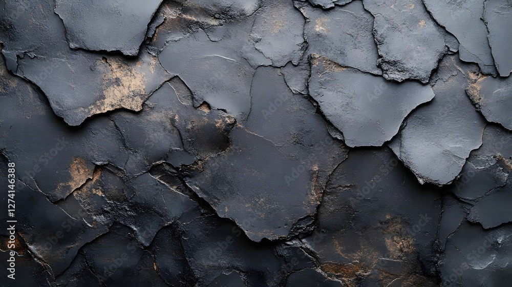 Poster Abstract image showcasing a dark grey and bronze cracked texture. Ideal for background use. Macro detail. Abstract Dark Grey and Bronze Cracked Texture