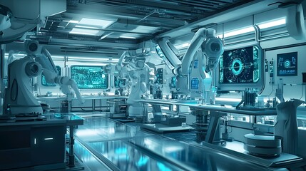 futuristic laboratory filled with holographic interfaces and robotic arms performing experiments illustration background. 