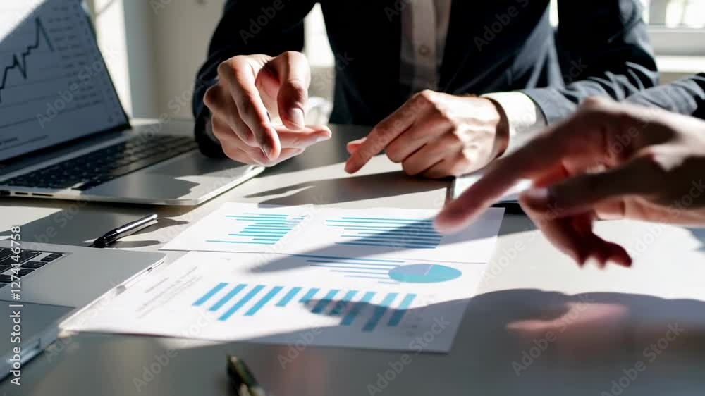 Aufkleber professional business team analyzing financial charts, discussing data with intense focus during col