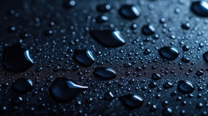 Close-up view of water droplets on a dark surface, showcasing the play of light and texture. Perfect for illustrating freshness, nature, and environmental themes.