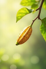 A sunlit yellow fruit hangs from a branch, speckled with dark spots, surrounded by vibrant green foliage.