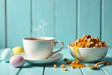 Aromatic Tea and Honey-Drizzled Cereal Breakfast Scene on a Pastel Blue Table