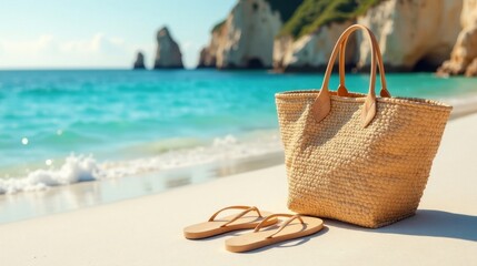 A sun-drenched beach scene featuring a woven tote bag and a pair of comfortable sandals, perfect for a relaxing summer getaway.