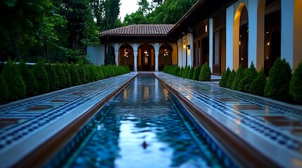 Serene courtyard reflection pool in luxurious architecture setting