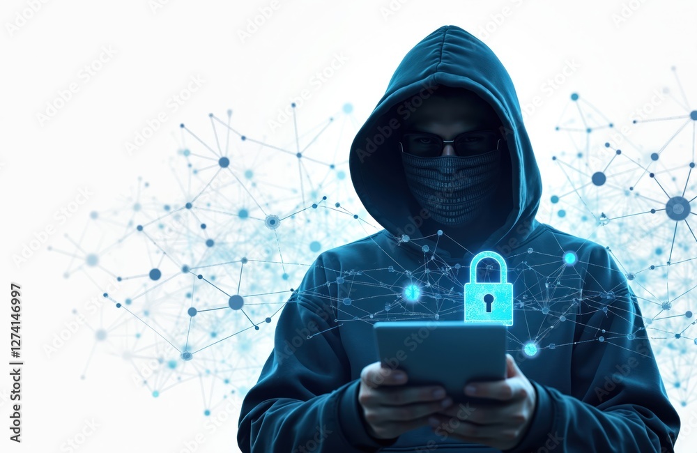 Aufkleber hacker in hoodie with mask using tablet on white cyberspace background. concept of cybercrime, onlin