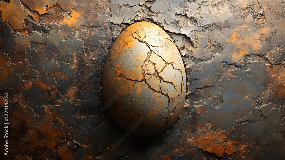 Poster a cracked golden egg rests on a rustic, textured surface. the image evokes themes of fragility, deca