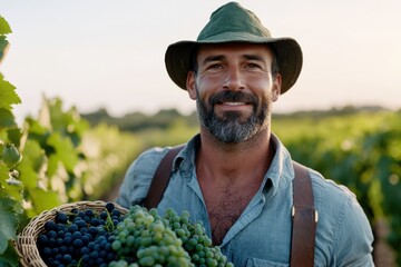 In this picturesque vineyard scene, a smiling farmer stands proudly holding a basket of freshly harvested grapes against a beautiful sunset backdrop, showcasing his hard work.