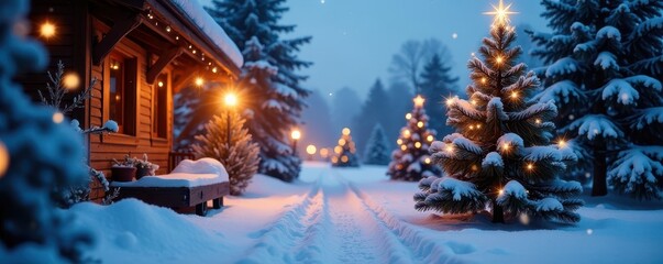 Fototapeta premium Sparkling snow-covered pine trees, festive lights , branches, winter wonderland, winter