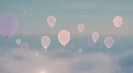Fototapeta premium Colorful balloons floating in the sky above clouds