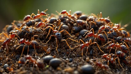 An anthill in the forest, close-up view of the ants
