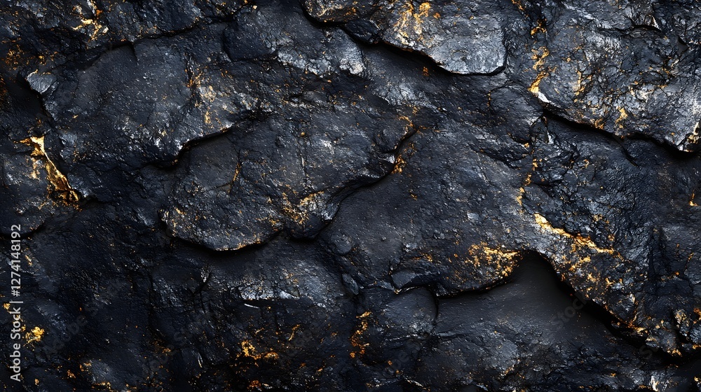 Poster close-up image of a dark rock surface with golden veins. the texture is rough and detailed. black go