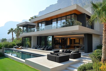 Fototapeta premium Modern luxury home with pool patio and mountain view An elegant villa with sleek lines and beautiful outdoor living spaces