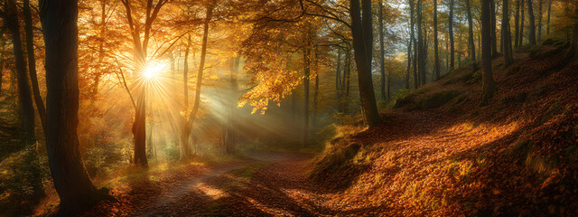 A forest in autumn, with trees of various colors and leaves falling to the ground, creating an enchanting landscape
