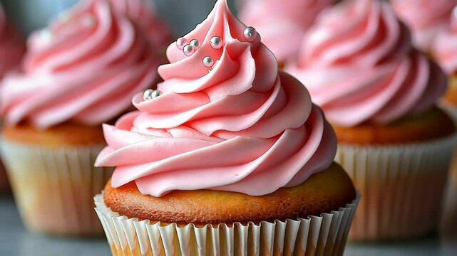 A line of pink cupcakes topped with whipped cream