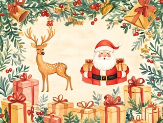 Fototapeta premium Vibrant Vintage Style Christmas Watercolor Pattern with Santa Deer and Gifts